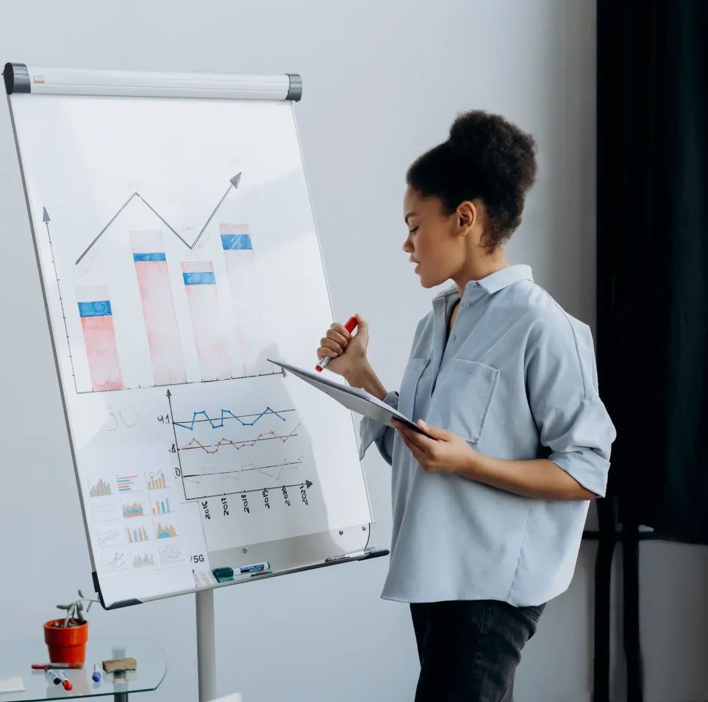A person presenting business charts.