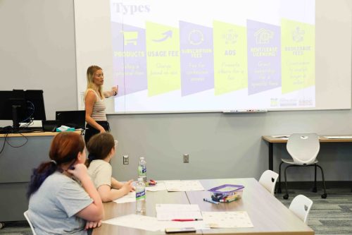 A female teacher standing at the front of a classroom pointing to a slide projected on the wall, while two female middle school students sit at a table and watch.