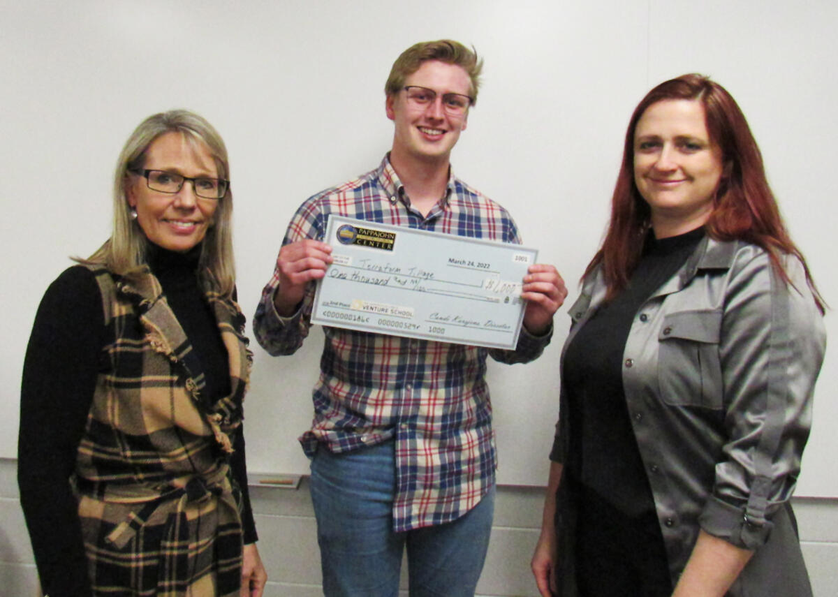 Josh Jeske with Pappajohn Center Director Candi Karsjens and Venture School judge Katie Wold